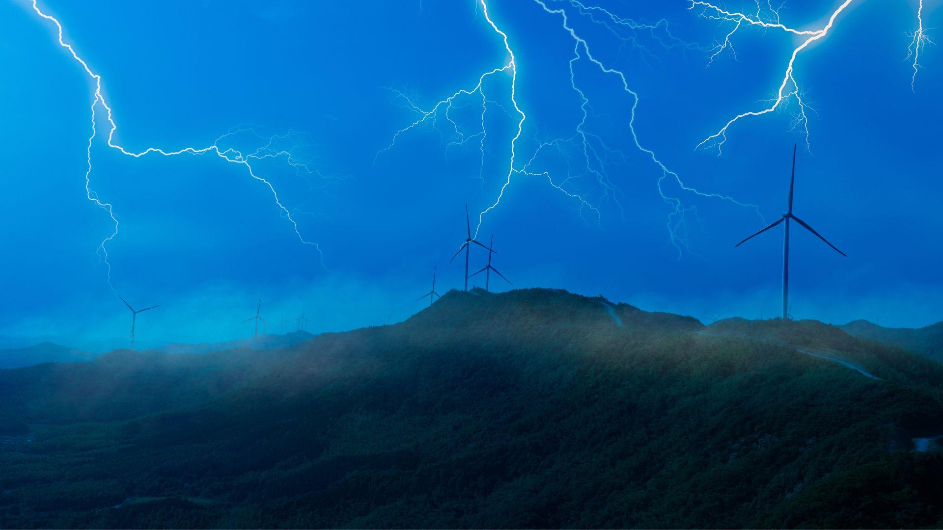 Windfarm on a mountain was hit by multiple lightning strikes.