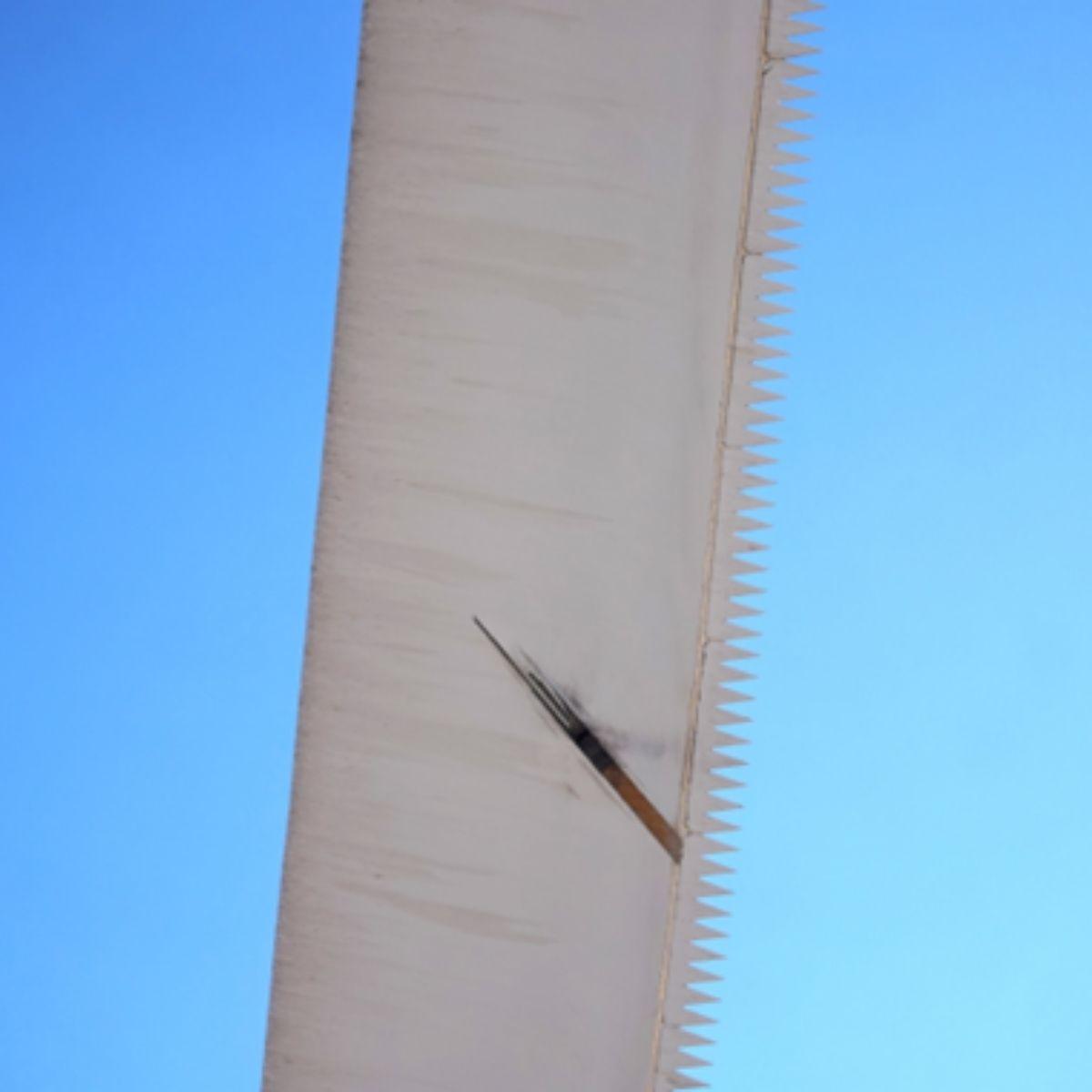 Surface damage on a rotor blade caused by a lightning strike.