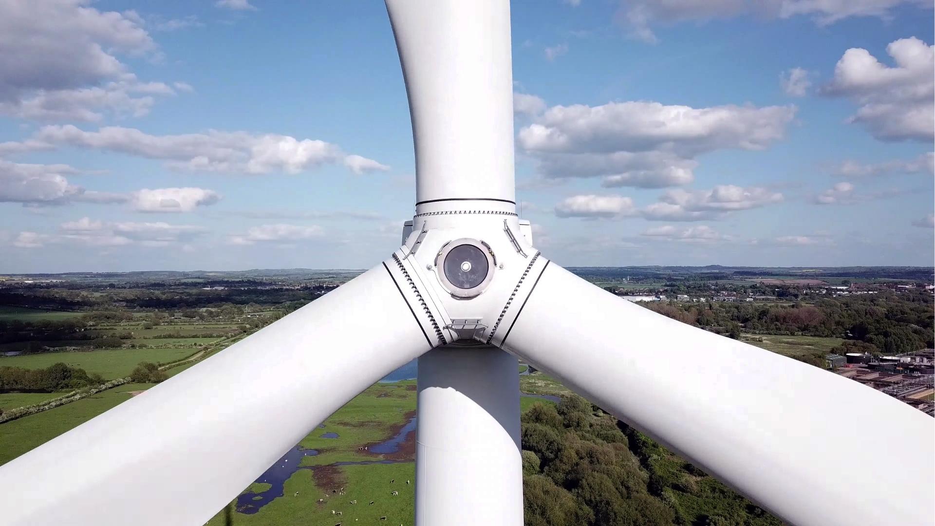 Close-up of the root area of a wind turbine