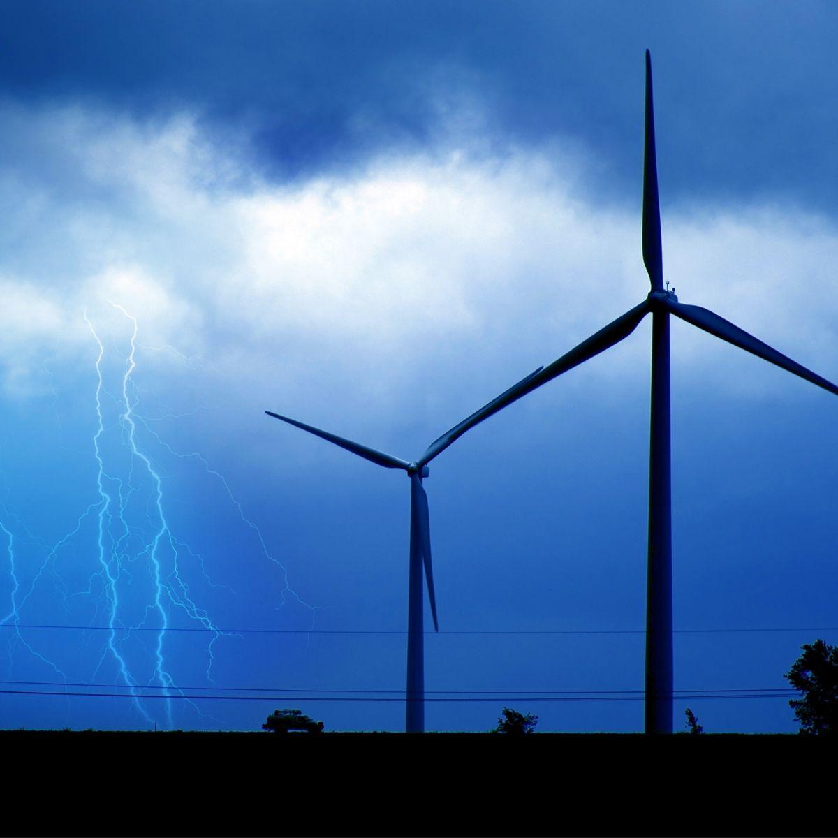 Two wind turbines with a lightning strike