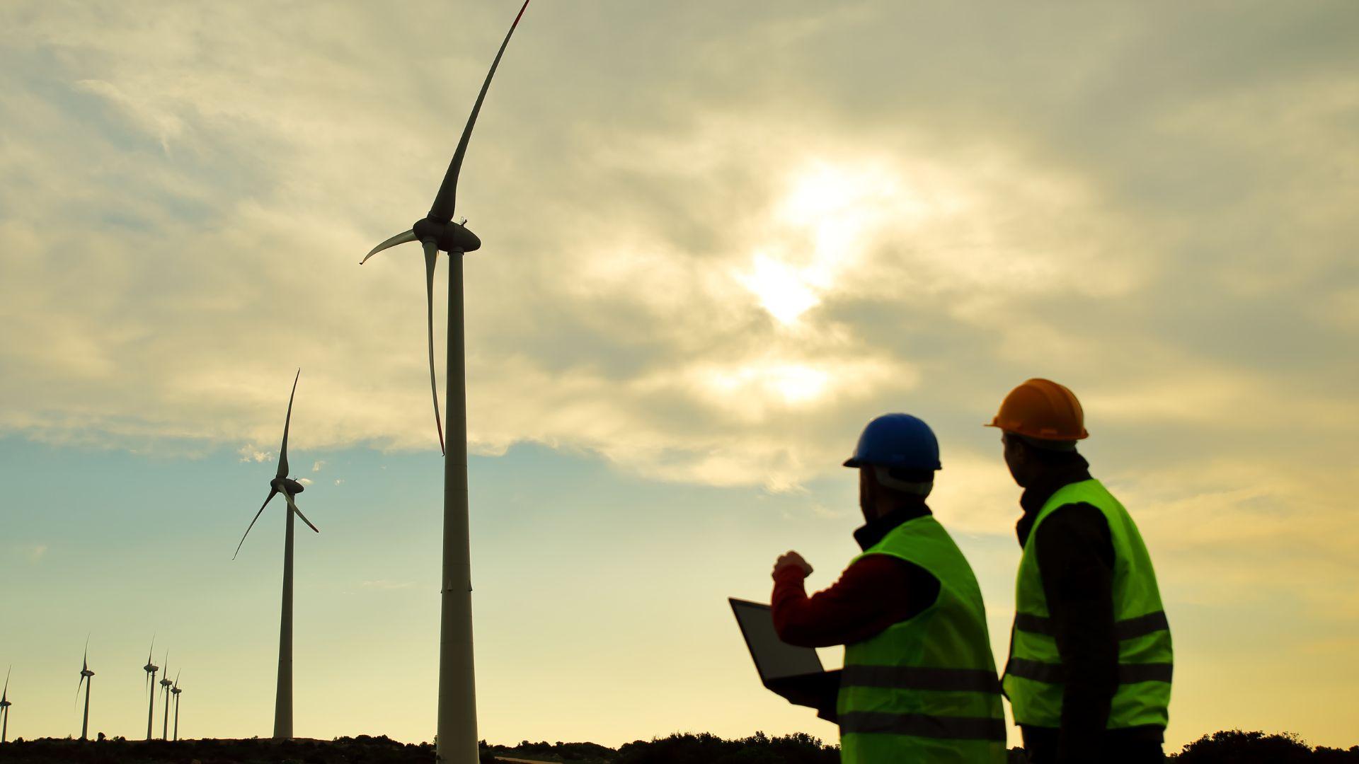 Engineers inspect wind turbines