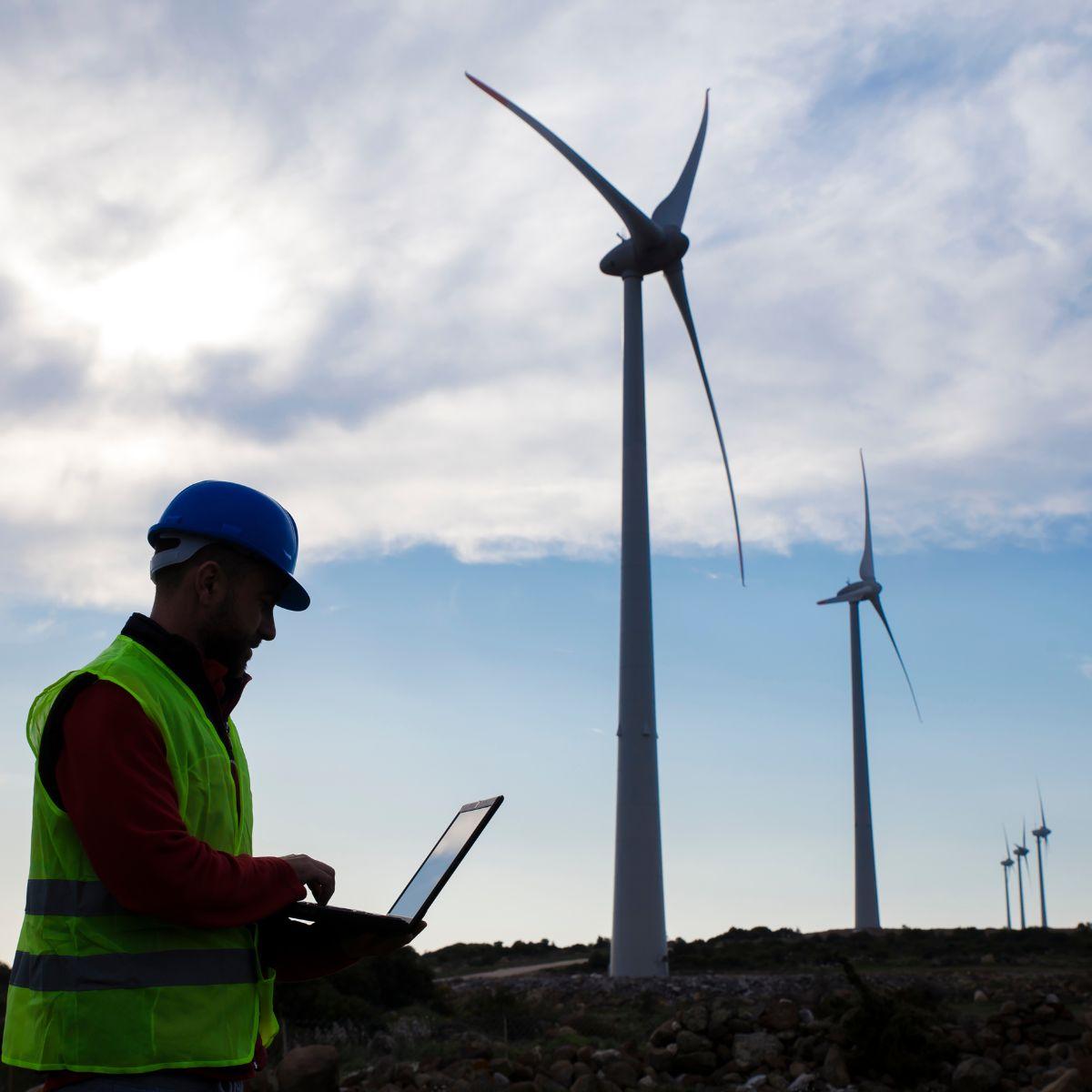 Engineer inspects wind turbines for imbalances.