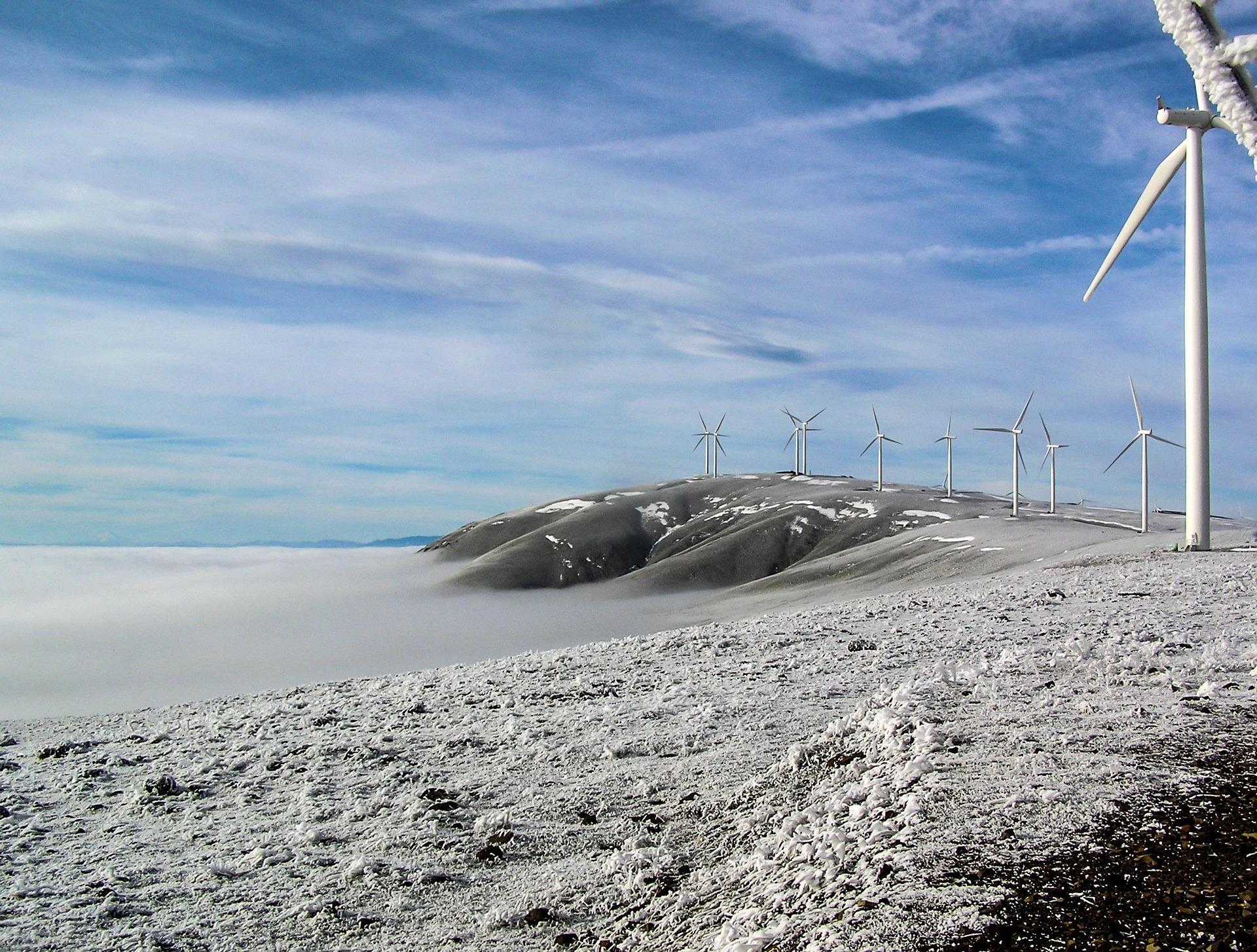 Wind farm in a cold environment on a hill
