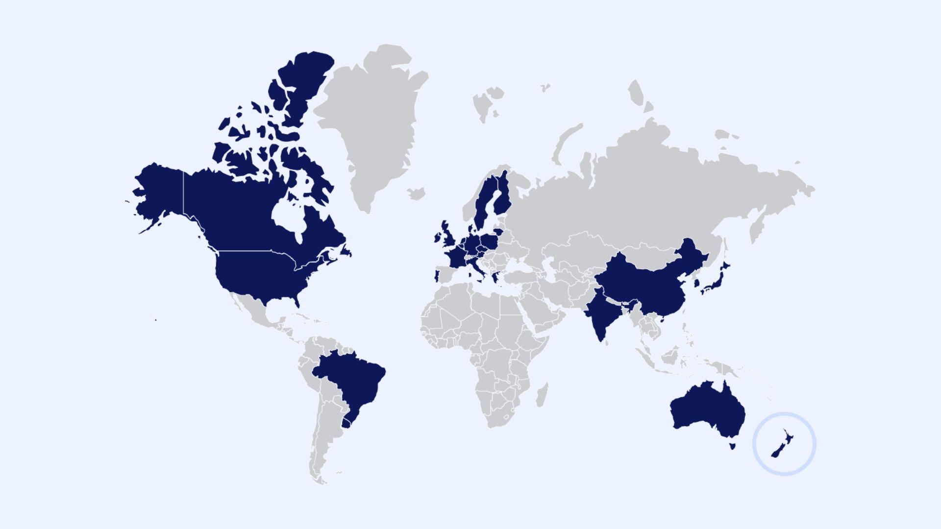 World map with operating regions.