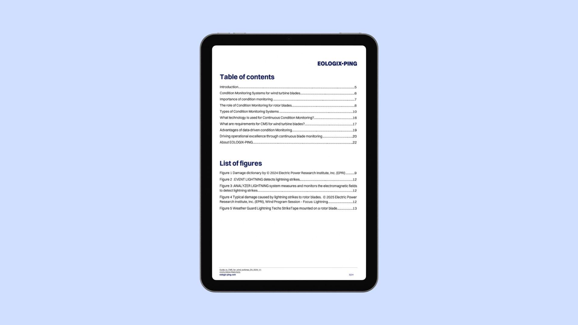 Table of contents of the practical guide about Condition Monitoring Systems for wind turbines