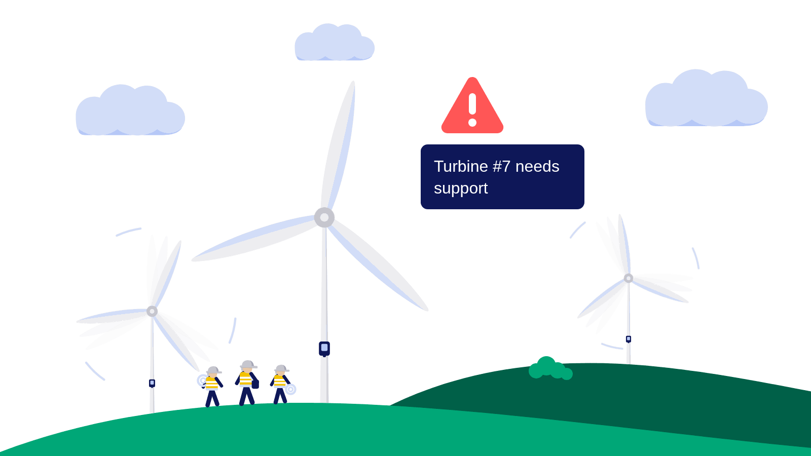 Flat illustration of a wind farm in rolling green hills under a sky with clouds. Three turbines stand in the landscape, each with an EOLOGIX-PING sensor module on the tower. The two outer turbines are turning, shown by motion arcs and trailing blades, while the turbine in the middle stands still. A red warning sign and a navy notification read that turbine 7 needs support. Three technicians in hard hats and hi-vis vests, carrying harnesses and coiled climbing rope, are walking toward the stopped turbine.
