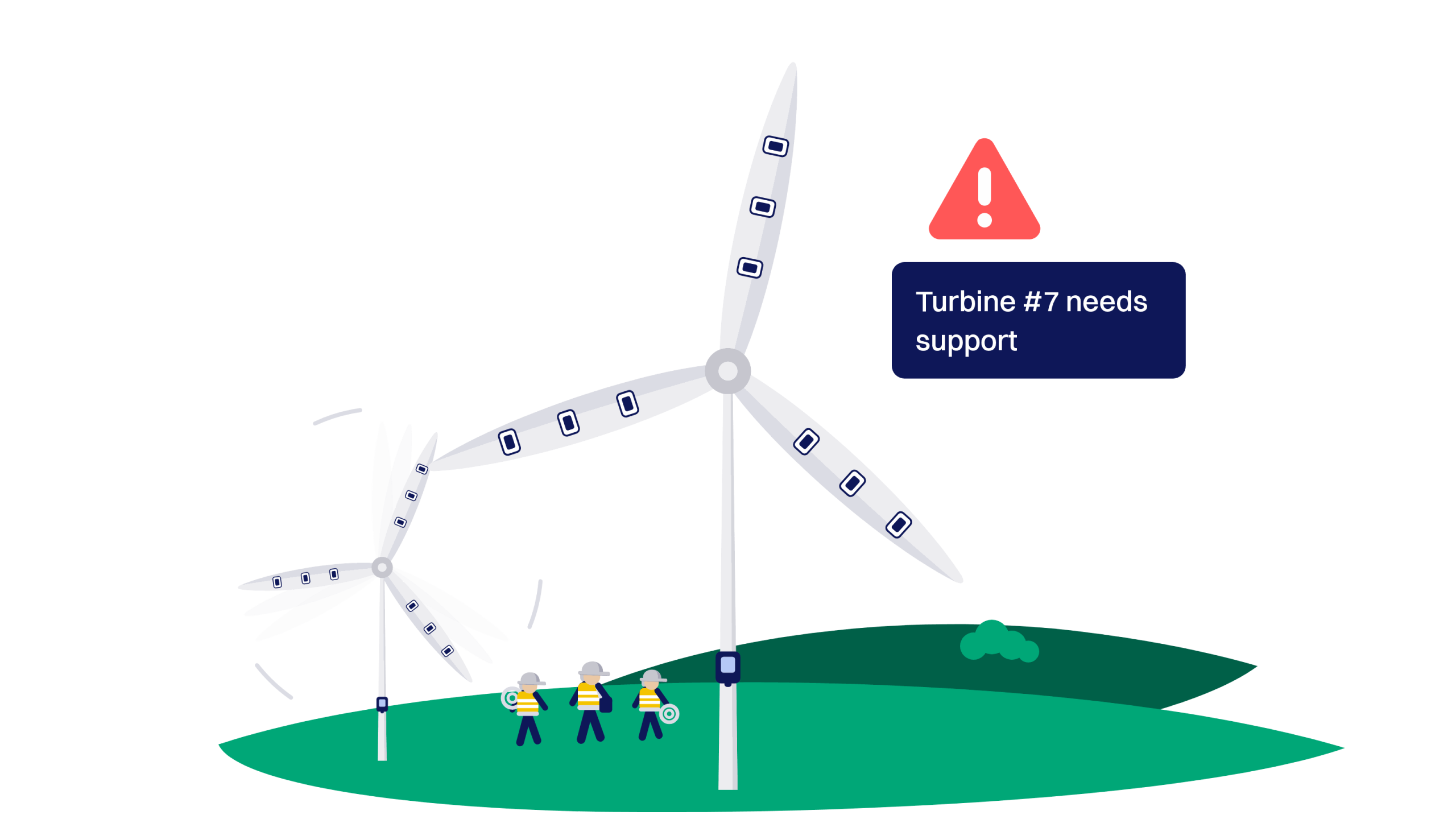 A service crew in hard hats and hi-vis vests walking to the one wind turbine that has stopped